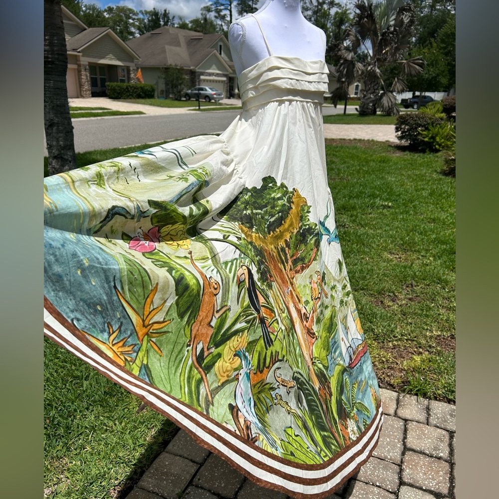 White Tropical Print Strapless Maxi Dress
